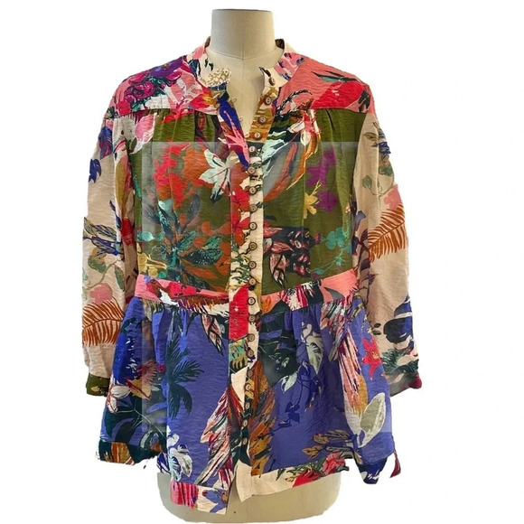 John Mark Art to Wear Floral Tropical Blouse Size Small Peasant Flowy - Picture 1 of 10